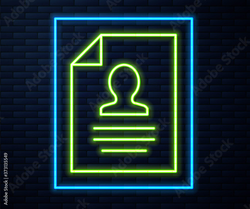 Glowing neon line Resume icon isolated on brick wall background. CV application. Searching professional staff. Analyzing personnel resume. Vector.