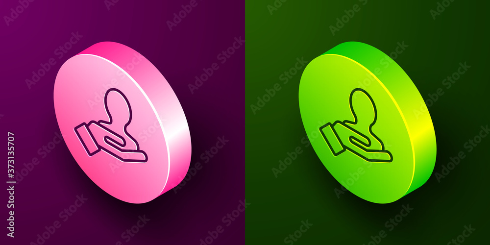Isometric line Hand for search a people icon isolated on purple and green background. Recruitment or selection concept. Search for employees and job. Circle button. Vector. Isometric line Hand for search a people icon isolated on purple and green background. Recruitment or selection concept. Search for employees and job. Circle button. Vector.