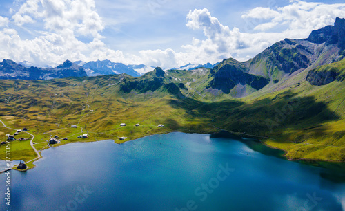 Beautiful Melchsee mountain lake in the Swiss Alps - aerial photography