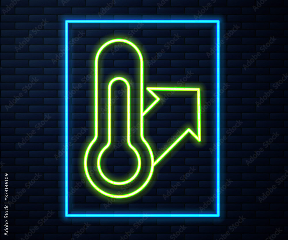 Glowing neon line Meteorology thermometer measuring icon isolated on brick wall background. Thermometer equipment showing hot or cold weather. Vector. Glowing neon line Meteorology thermometer measuring icon isolated on brick wall background. Thermometer equipment showing hot or cold weather. Vector.