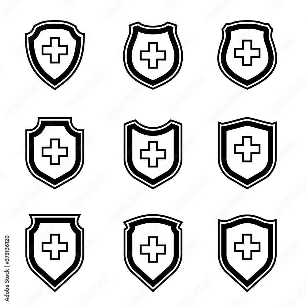 Medical health protection shield cross. Protected medicine guard shield icon concept. Safety mark badge Medical health protection shield cross. Protected medicine guard shield icon concept. Safety mark badge