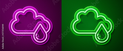Glowing neon line Cloud with rain icon isolated on purple and green background. Rain cloud precipitation with rain drops. Vector.