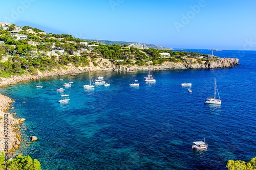 Santa Ponsa  Mallorca  Spain. View on the sea with boats  sailboats  mountains  blue sky.