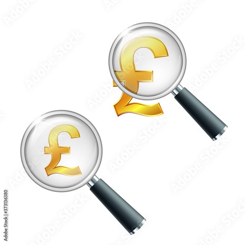 Shiny golden pound currency symbol with magnifying glass.