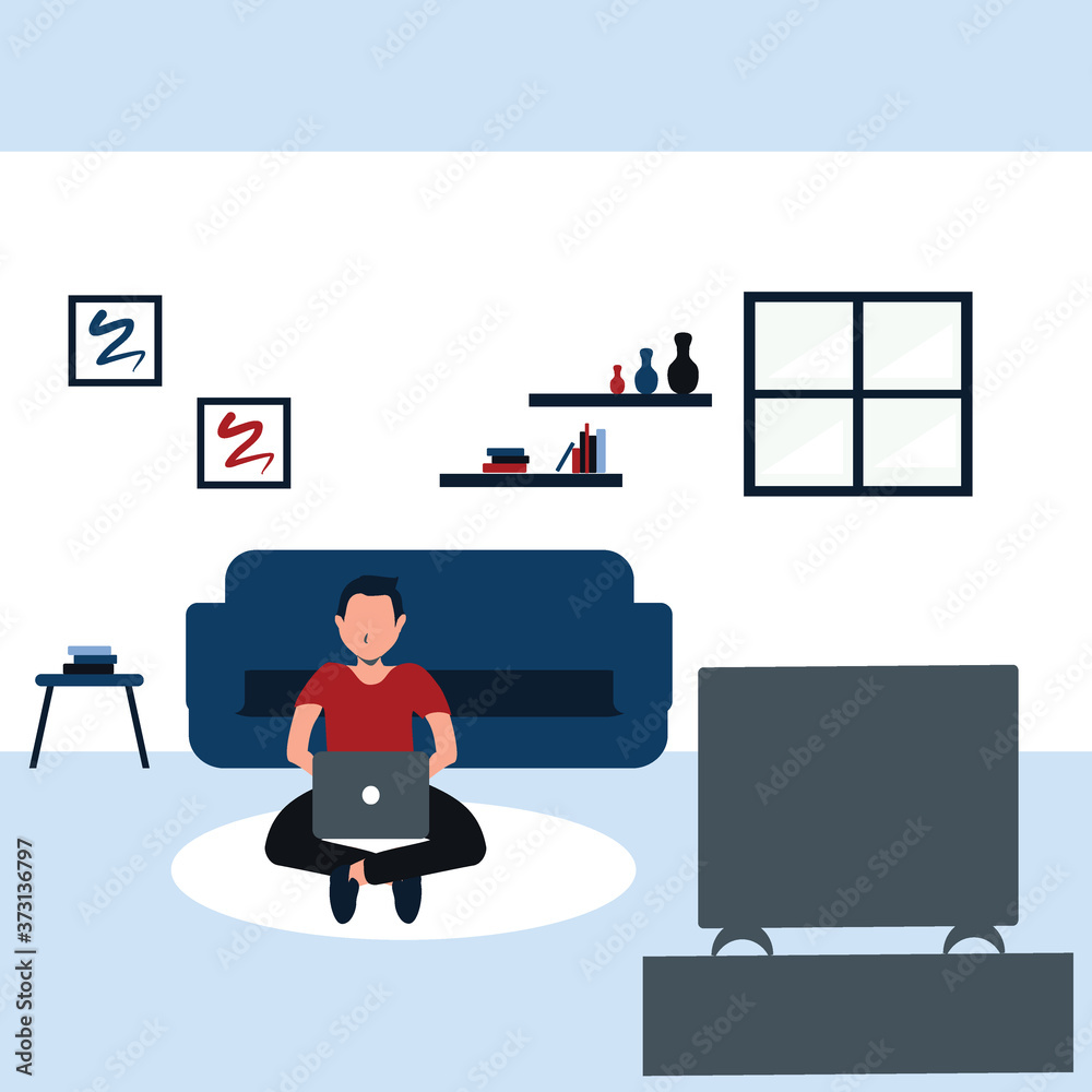 learning and watching a television, a young man casually sit on carpet in his favorite living room - colorful flat cartoons illustrations