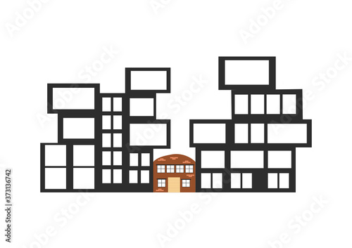 Urban landscape with large modern buildings and old house.  Flat vector illustration isolated on white background