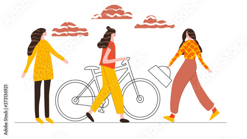 urban actUrban outdoor activity cartoon character. A girl is meditating, a woman is riding a bicycle, a student is walking. Hand drawn and line vector illustration in modern style isolated on white ba