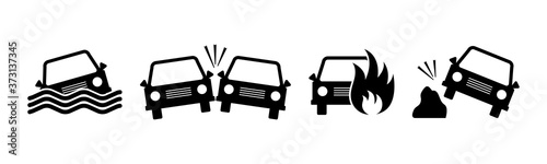 Set of car accident icons. Crashed cars sign. Black silhouettes isolated on white background. Vector illustration