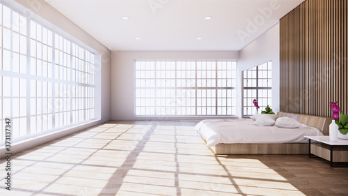 Home interior wall mock up with wooden bed in bedroom minimal design. 3D rendering.