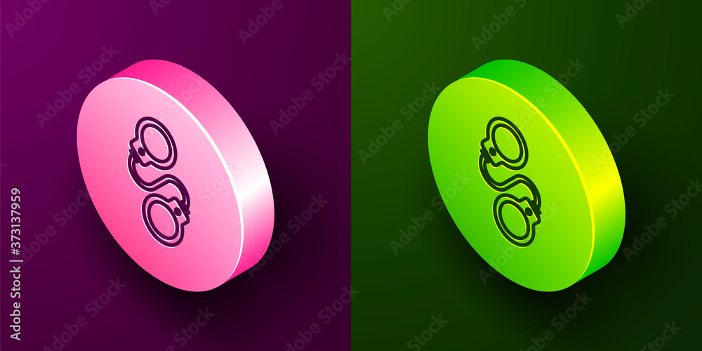 Isometric line Handcuffs icon isolated on purple and green background. Circle button. Vector. Isometric line Handcuffs icon isolated on purple and green background. Circle button. Vector.