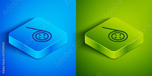 Isometric line Yoyo toy icon isolated on blue and green background. Square button. Vector.