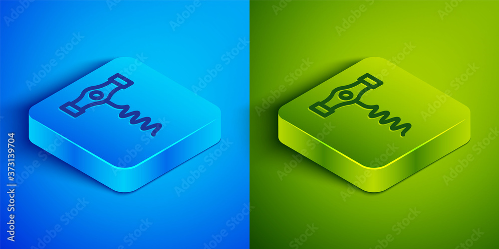 Isometric line Wine corkscrew icon isolated on blue and green background. Square button. Vector. Isometric line Wine corkscrew icon isolated on blue and green background. Square button. Vector.