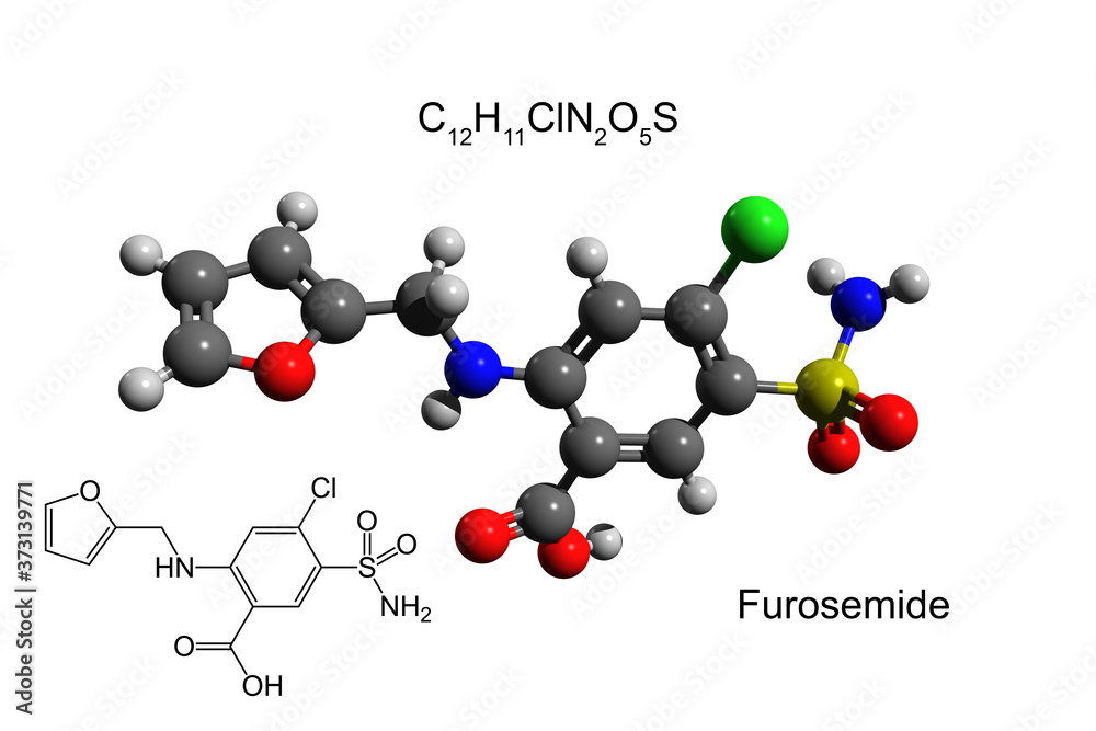Chemical formula, structural formula and 3D ball-and-stick model of furosemide, a diuretic drug, white background Chemical formula, structural formula and 3D ball-and-stick model of furosemide, a diuretic drug, white background