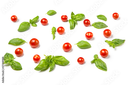 Cherry tomatoes and basil leaves on a white isolated background. Fresh vegetables. Pattern.
