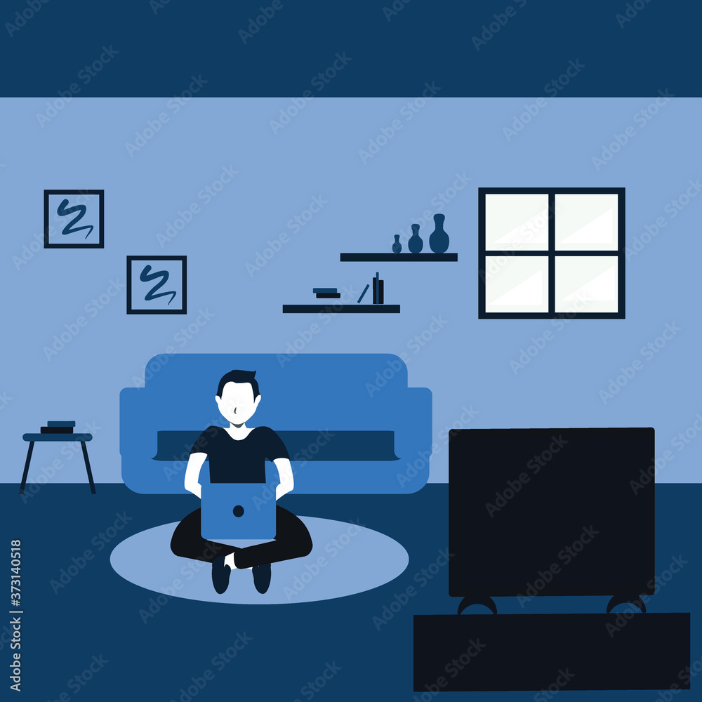 learning and watching a television, a young man casually sit on carpet in his favorite living room - two tone flat cartoons illustrations learning and watching a television, a young man casually sit on carpet in his favorite living room - two tone flat cartoons illustrations