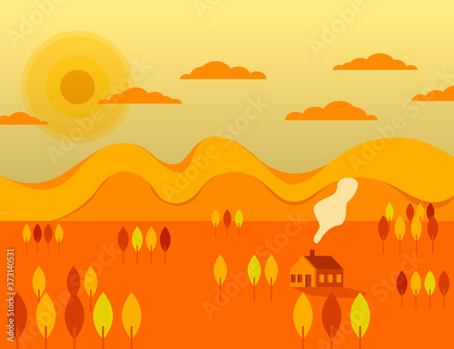 Fall landscape orange tones. Abstract illustration trees, hills, clouds, sun and house.