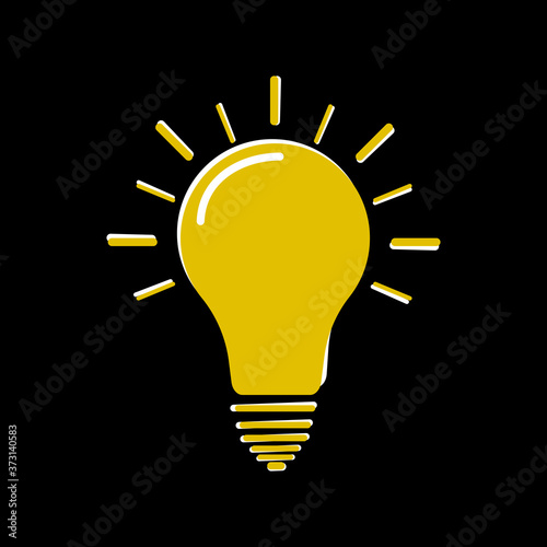 Yellow flat lightbulb and black background AI illustration.