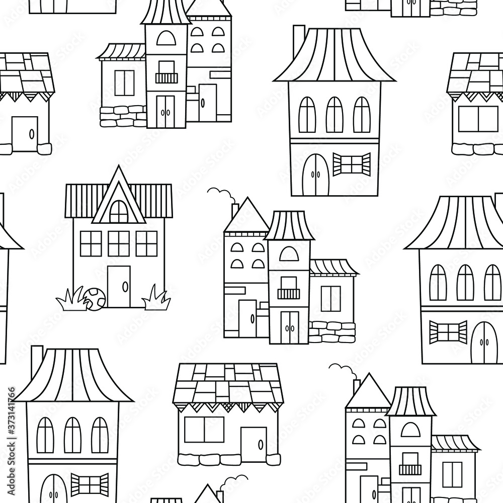 Seamless pattern with country house. Vector illustration. Coloring book page.