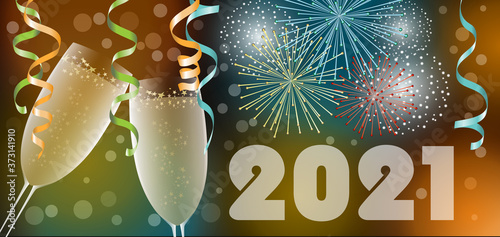 2021 - bannière festive avec 2 verres de champagne, serpentins et feux d’artifice.