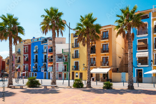 Colorful painted houses at the seaside in beachside town Villajoyosa, Costa Blanca, Spain