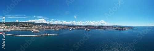 Panoramic view from above on Trieste sea port and city 