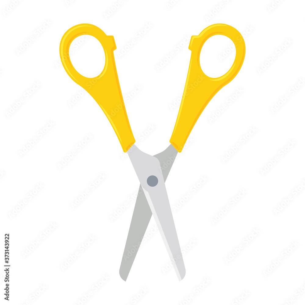 Open scissors with yellow plastic handles. Flat icon. Vector illustration isolated on white background Open scissors with yellow plastic handles. Flat icon. Vector illustration isolated on white background