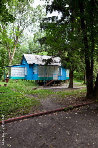 Camping in the forest with wooden huts for tourists