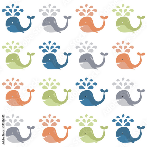 Seamless vector pattern with colorful sea whales and water drops. Vector illustration in flat style for wrapping paper, Wallpaper, fabric printing.