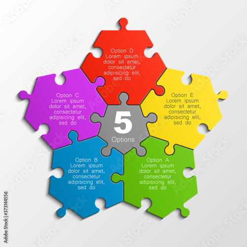 Five piece puzzle business presentation. Circle infograph. 5 step puzzle process diagram. Five section compare service banner. 5 section shape, info graphic banner background
