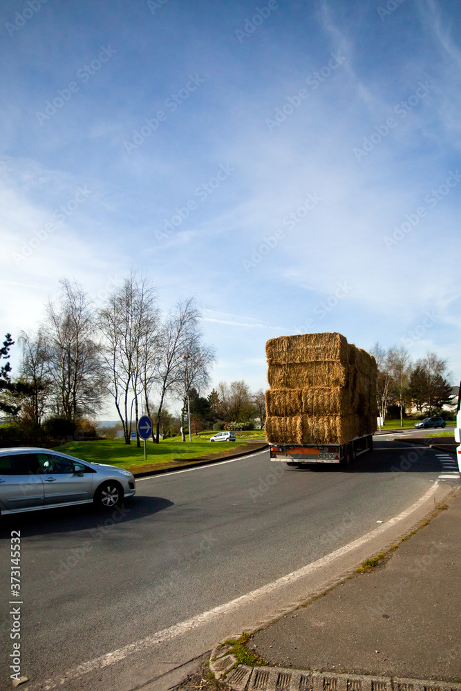 A big car carries hay along a narrow road