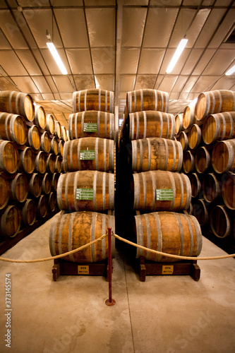 Barrels in the cellar with whiskey, Calvados, cognac, brandy that is ripening