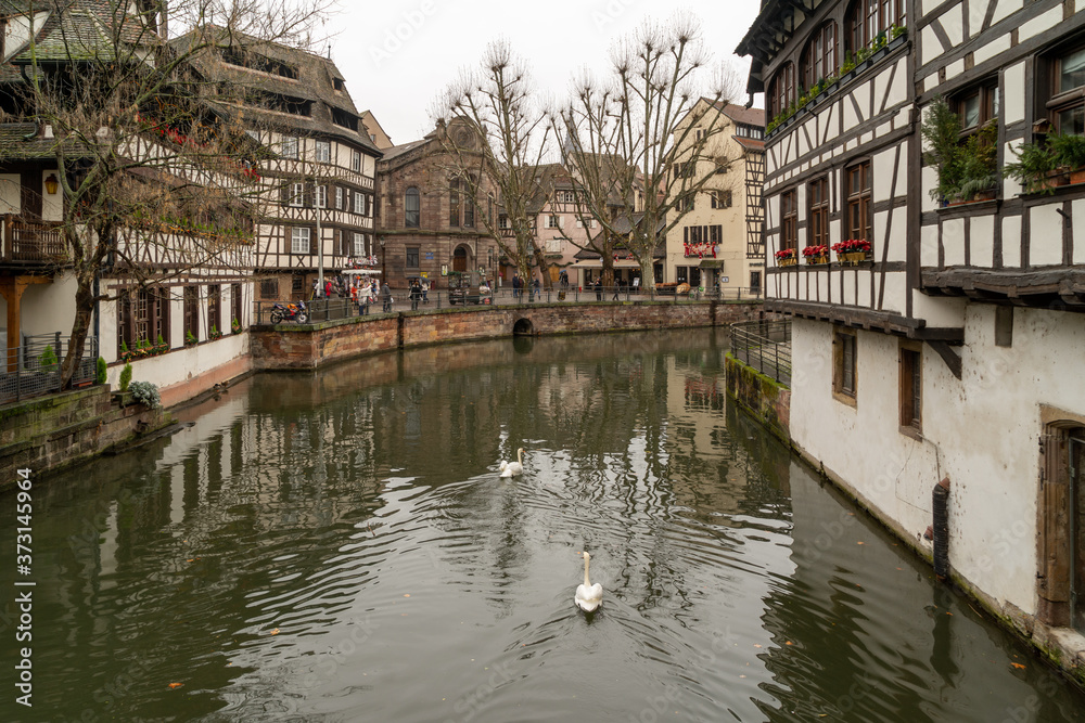 Canal and old houses of Petit France medieval district of Strasbourg, France
