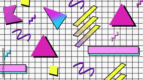 Seamless loop of retro vintage 2D animation of 90s geometric shapes. 