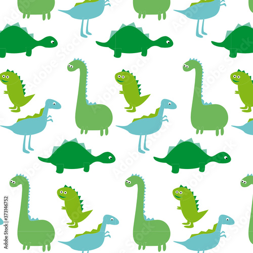 Flat pattern with cute dinos. Cute dinosaurs isolated on white background. Kids illustration. Funny cartoon dino and prehistoric elements. Children design