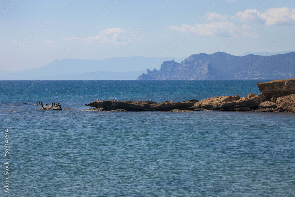 Nice view of the Black Sea coast in Crimea. Birds on rocks in the sea and a mountain in the distance