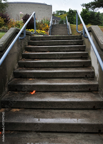 Long stairs and railing to old building © Terry
