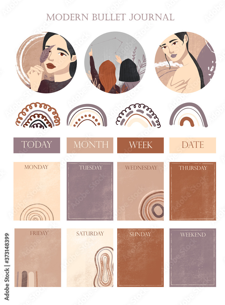 Modern bullet journal collection. Days of the week, planning, notes. Cute illustrations on white isolated background