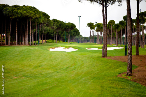 Fototapeta Naklejka Na Ścianę i Meble -  Golf course on a rainy rainy day