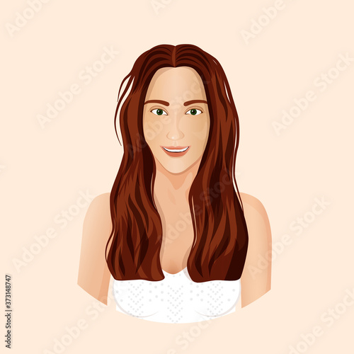 Vector illustration of a brunette girl avatar. Character design concept. Portrait of a young girl isolated on a beige background. Girl illustration for advertisement, banner, website, flyer, postcard