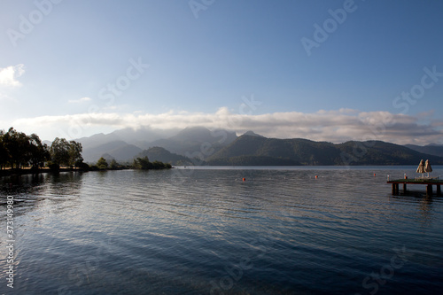 The sea among the mountains on a sunny day