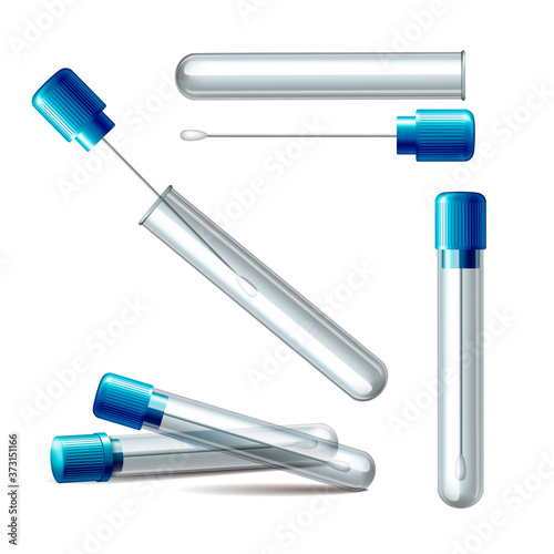 Set of transparent plastic tubes with blue cap and Cotton swabs in 3d realistic vector isolated on white