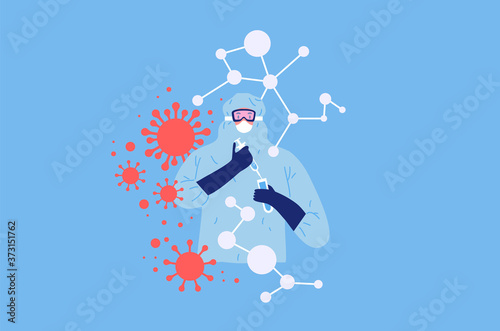 Medicine worker in hazmat suit testing new vaccine for coronavirus disease cure breakthrough. Flat cartoon character doing experiment with syringe and corona virus pandemic particles.