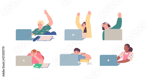 Diverse children character set using laptop computer for virtual school class. Happy kids  in online classroom meeting from home. A funny bored kid, raising hand, and celebrating good grades.