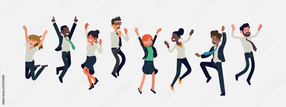 Fototapeta premium Cheerful multiracial business people celebrating together. Diverse group of happy company team colleagues jumping. Flat vector winning characters collection