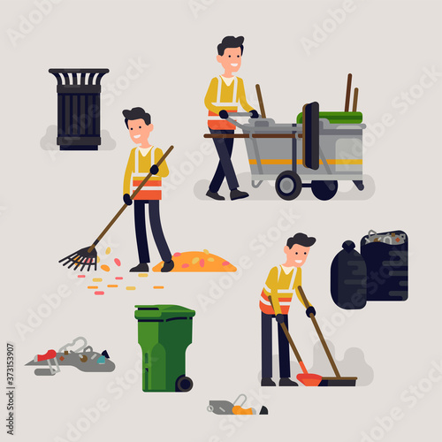 Creative vector illustration on city street cleaner at work in trendy flat style. Cheerful cleaning service professional removing litter and waste from street surface