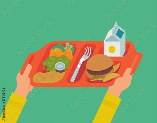 School lunch program concept vector illustration with student hands holding plastic tray with a meal