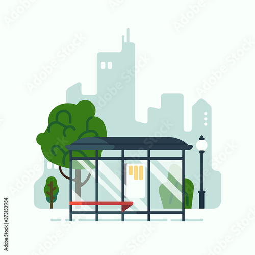 City mass transit system concept vector design element featuring bus stop with abstract cityscape in the background