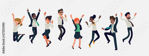 Cheerful multiracial business people celebrating together. Diverse group of happy company team colleagues jumping. Flat vector winning characters collection