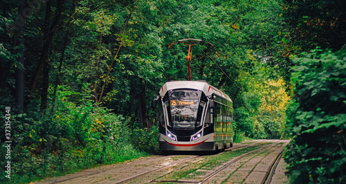Modern Russian tramway in Moscow. A tram line among the forest. .