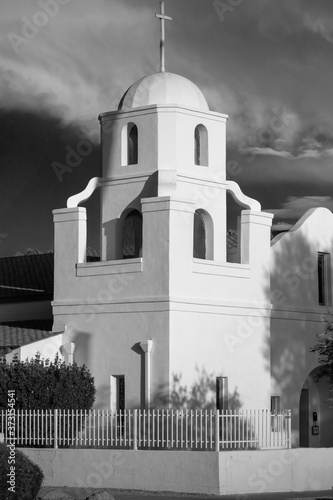 Historic Old Adobe MIssion Church in Old Town Scottsdale Arizona on First St. and Brown Photographed in Black and White photo